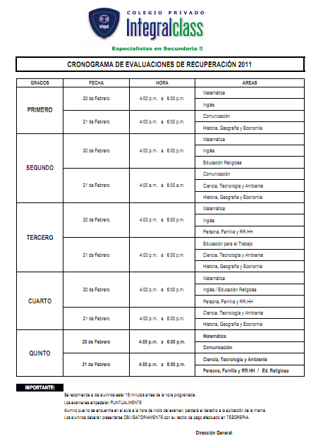 CRONOGRAMA DE EVALUACIONES DE RECUPERACION 2012