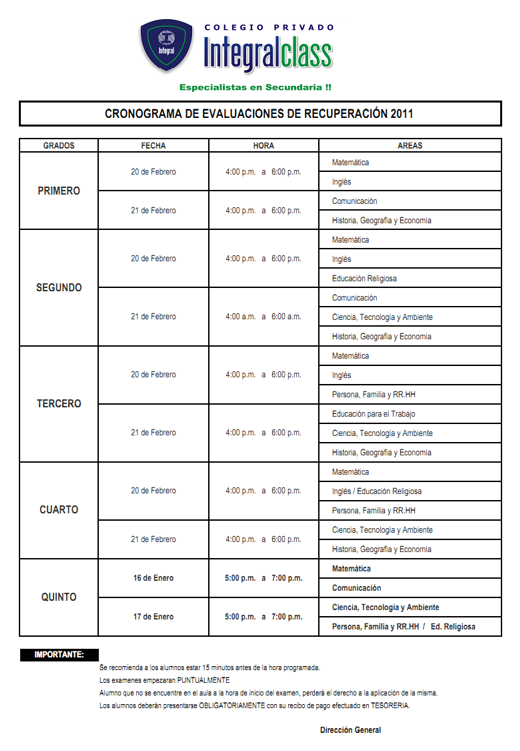 CRONOGRAMA DE EVALUACIONES DE RECUPERACIÓN