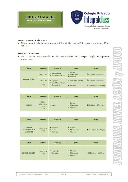  PROGRAMA DE NIVELACIÓN y APOYO 2015 