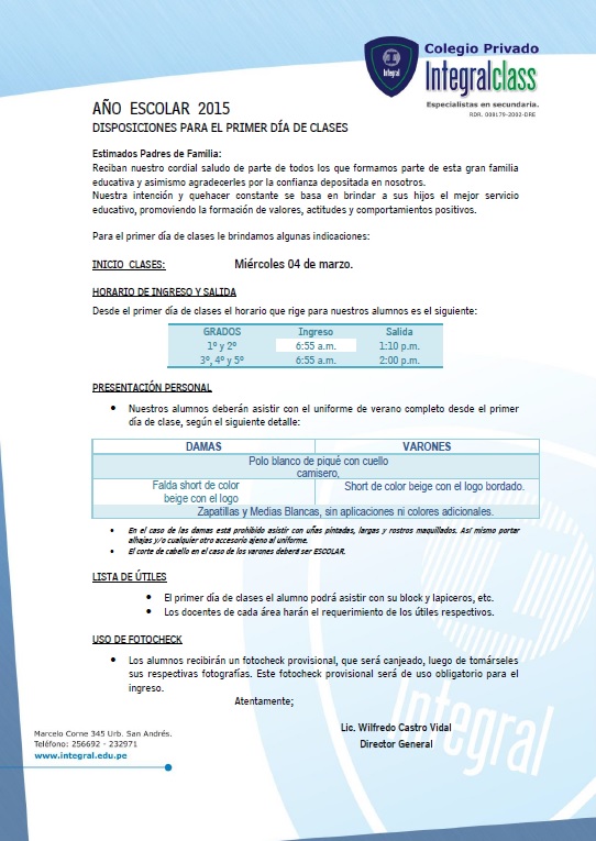  DISPOSICIONES PARA EL PRIMER DIA DE CLASES 